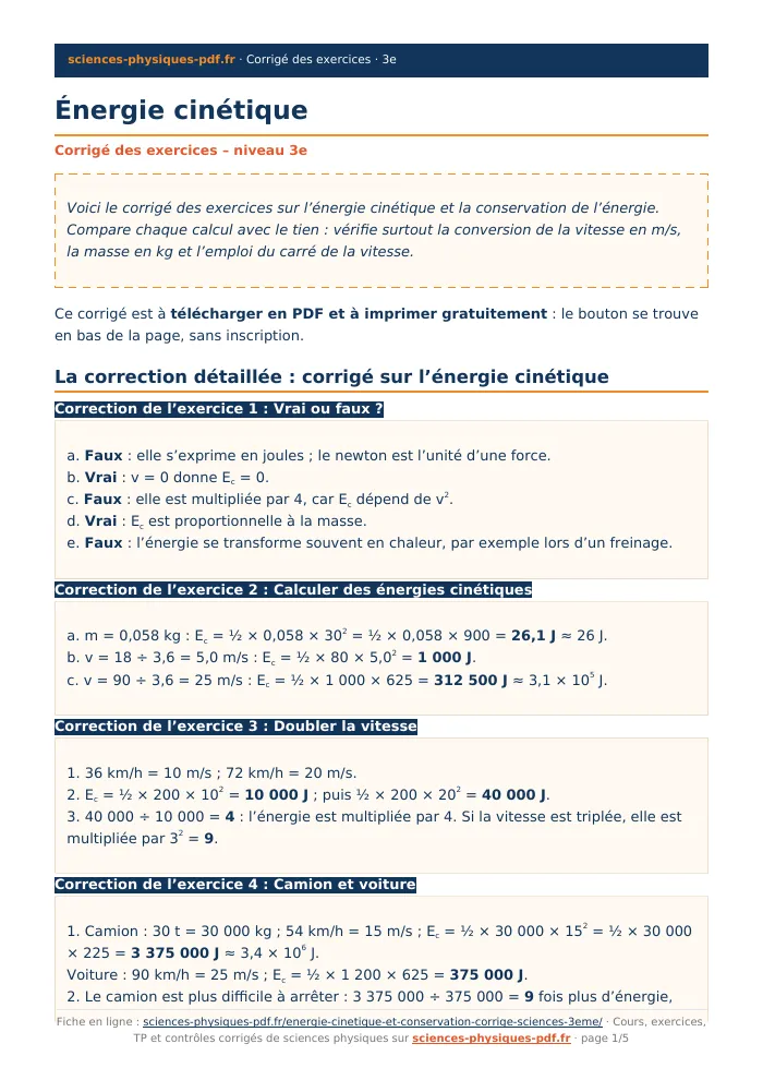 Fiche PDF : Énergie cinétique (3e)