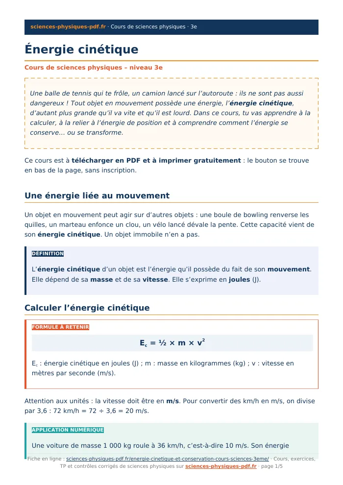 Fiche PDF : Énergie cinétique (3e)