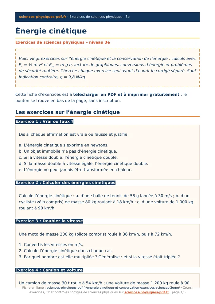 Fiche PDF : Énergie cinétique (3e)