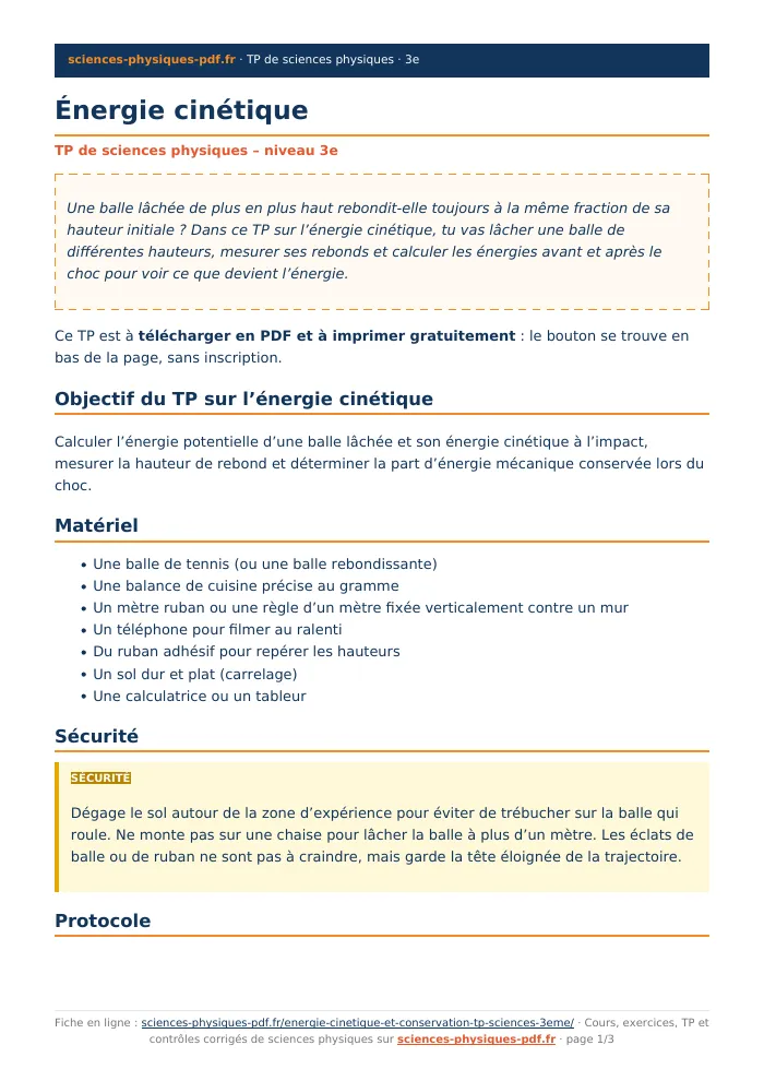 Fiche PDF : Énergie cinétique (3e)