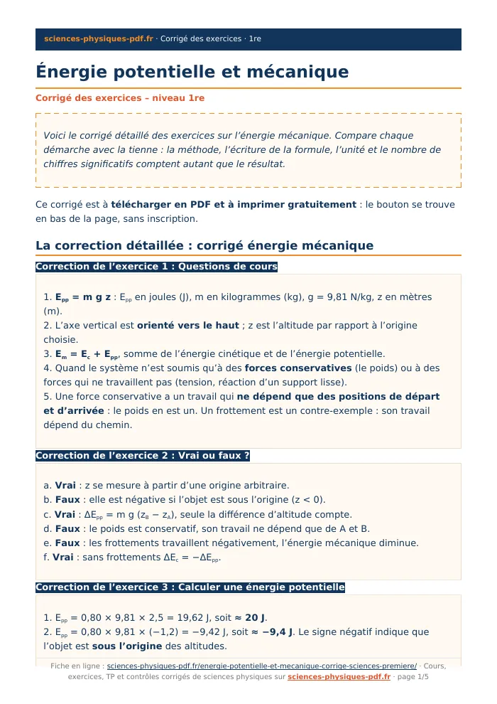 Fiche PDF : Énergie potentielle et mécanique (1re)