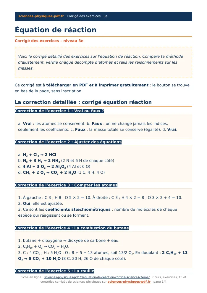 Fiche PDF : Équation de réaction (3e)