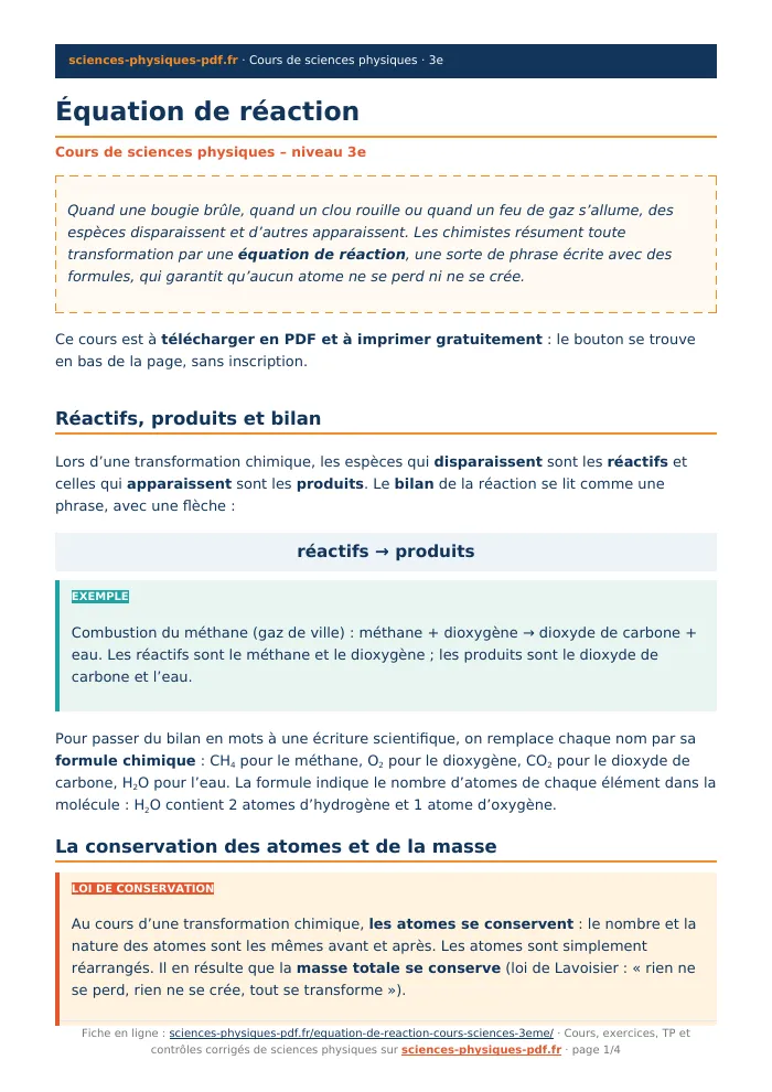 Fiche PDF : Équation de réaction (3e)