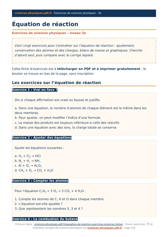 Fiche PDF : Équation de réaction (3e)
