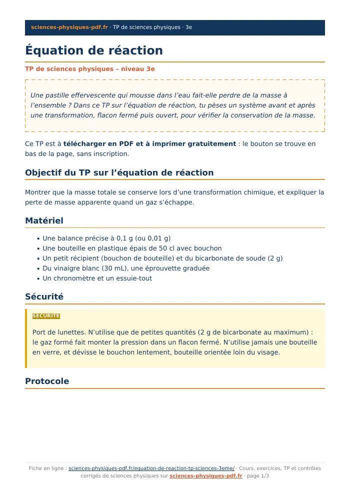 Fiche PDF : Équation de réaction (3e)