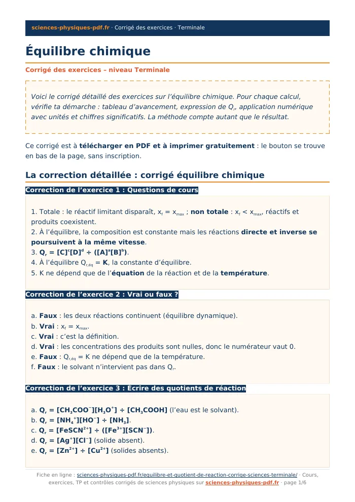 Fiche PDF : Équilibre chimique (Terminale)