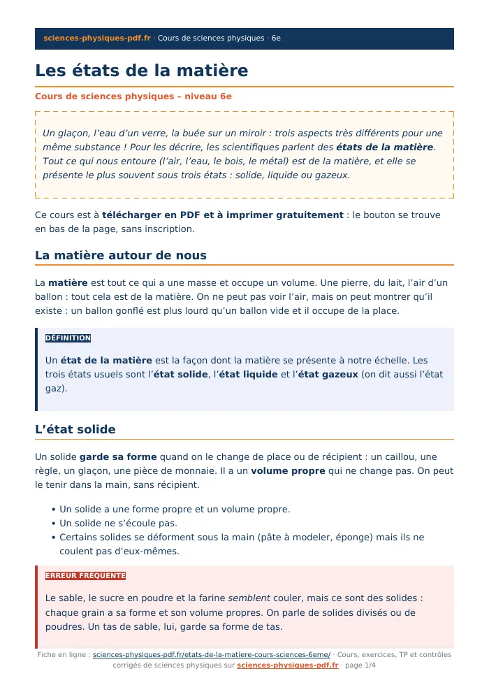 Fiche PDF : Les états de la matière (6e)