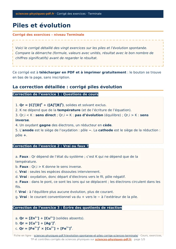 Fiche PDF : Piles et évolution (Terminale)