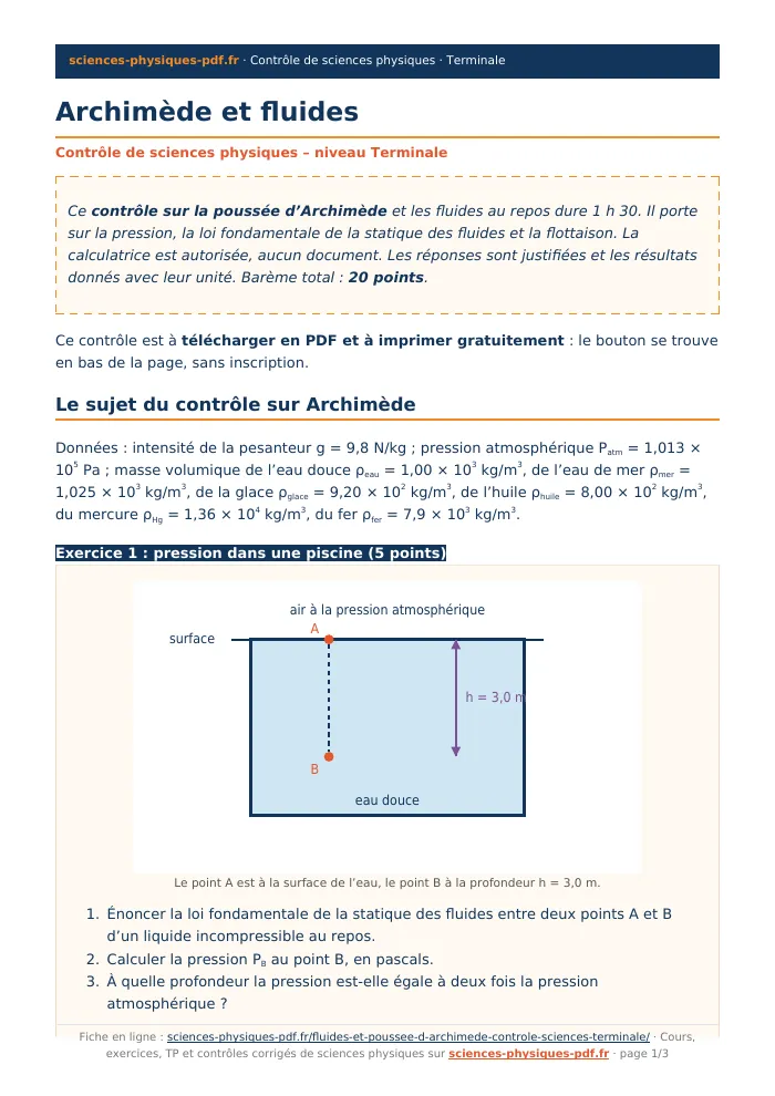 Fiche PDF : Archimède et fluides (Terminale)
