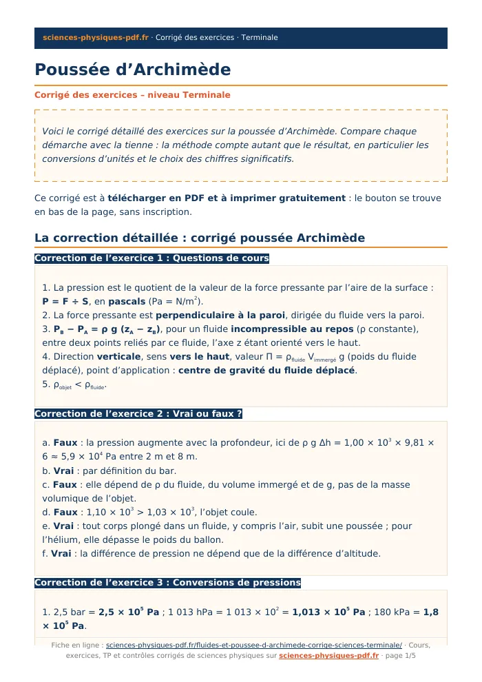 Fiche PDF : Poussée d’Archimède (Terminale)