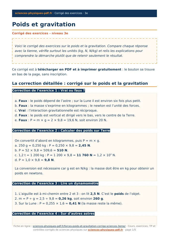 Fiche PDF : Poids et gravitation (3e)