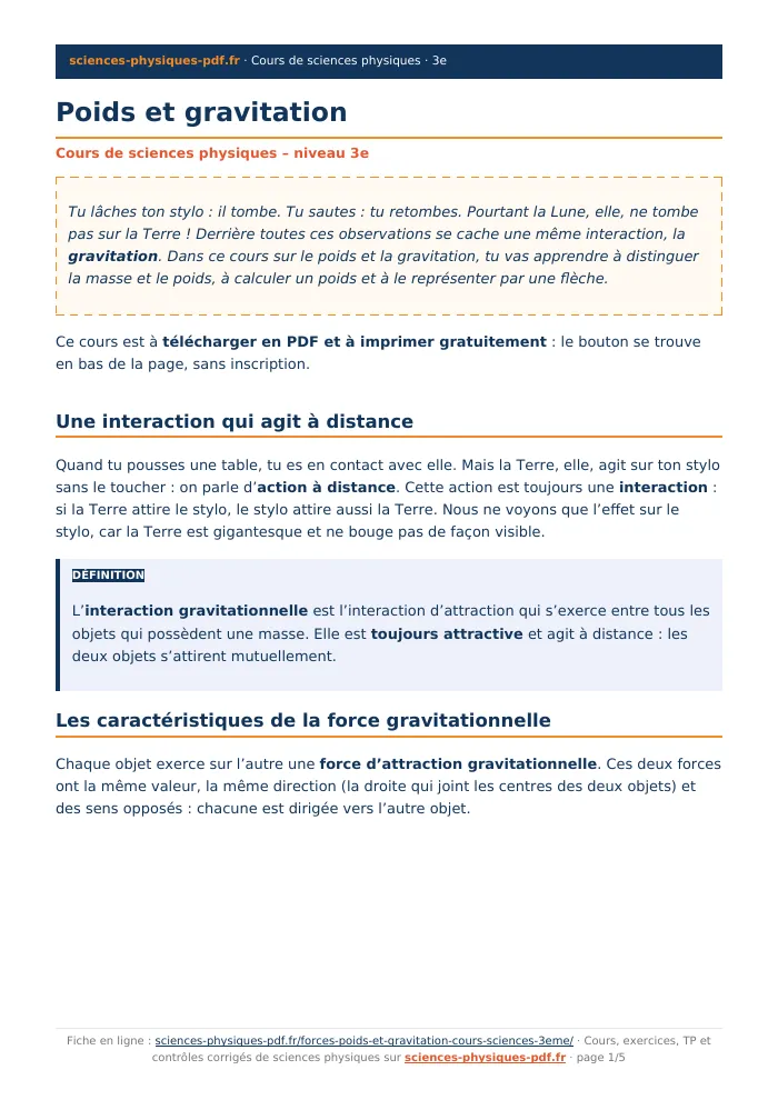 Fiche PDF : Poids et gravitation (3e)