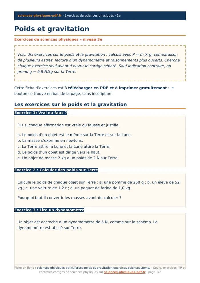 Fiche PDF : Poids et gravitation (3e)