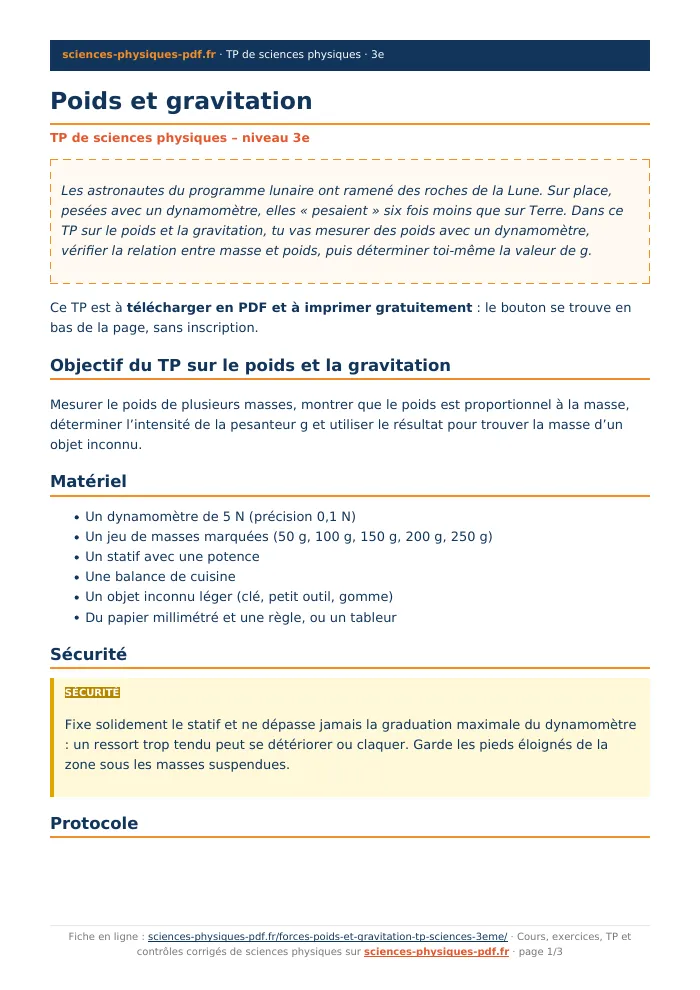 Fiche PDF : Poids et gravitation (3e)