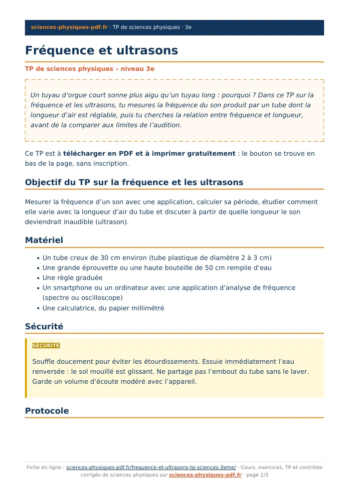 Fiche PDF : Fréquence et ultrasons (3e)