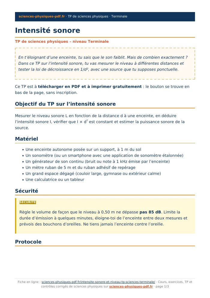 Fiche PDF : Intensité sonore (Terminale)
