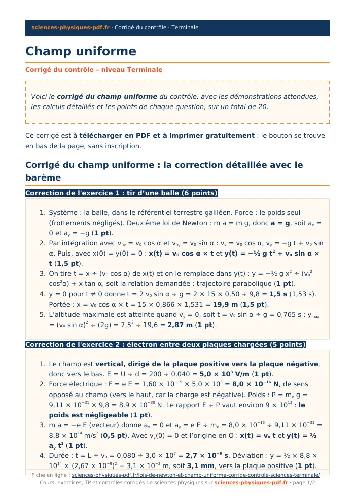 Fiche PDF : Champ uniforme (Terminale)