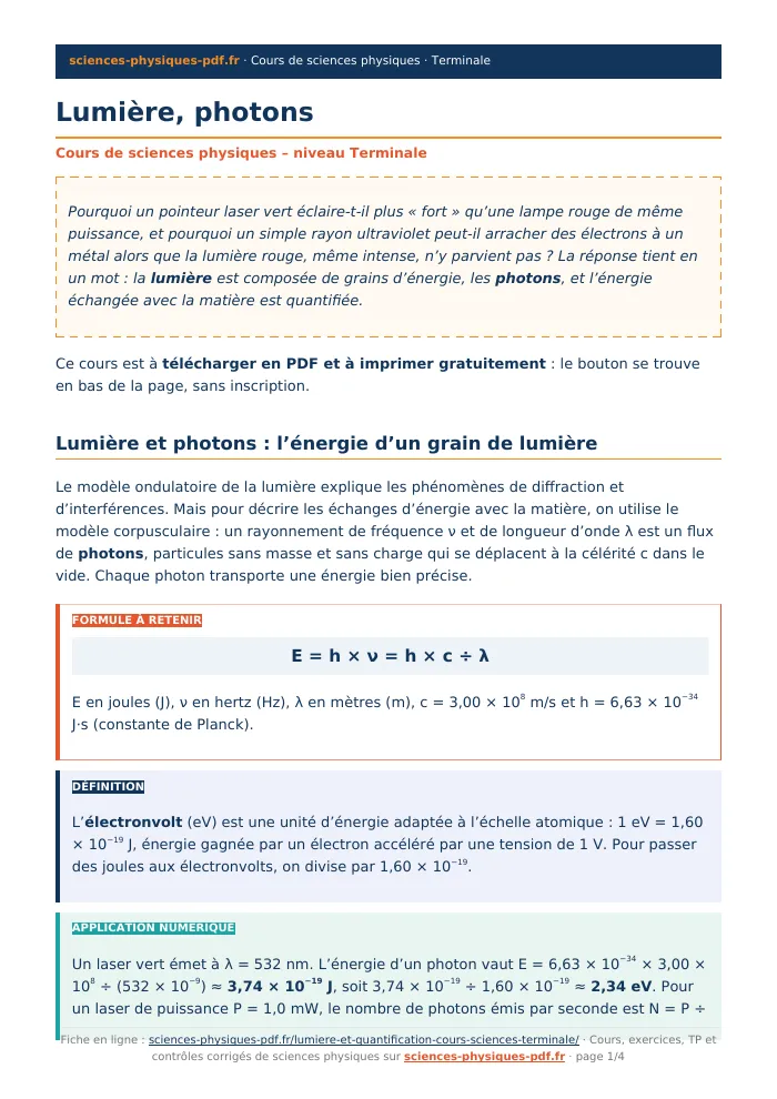 Fiche PDF : Lumière, photons (Terminale)