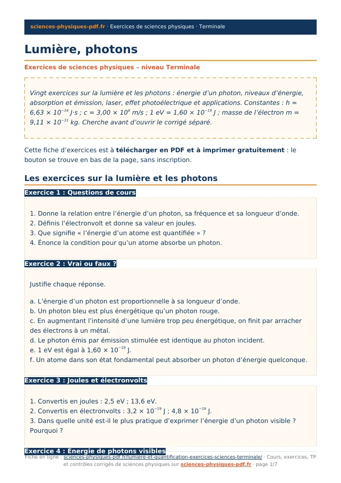 Fiche PDF : Lumière, photons (Terminale)