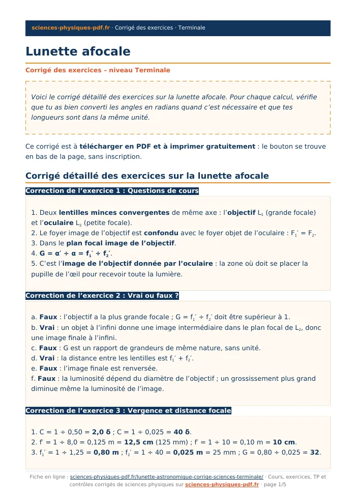 Fiche PDF : Lunette afocale (Terminale)