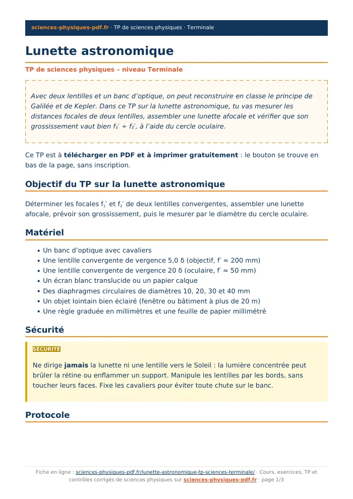 Fiche PDF : Lunette astronomique (Terminale)