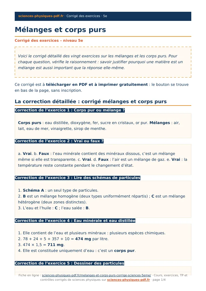 Fiche PDF : Mélanges et corps purs (5e)