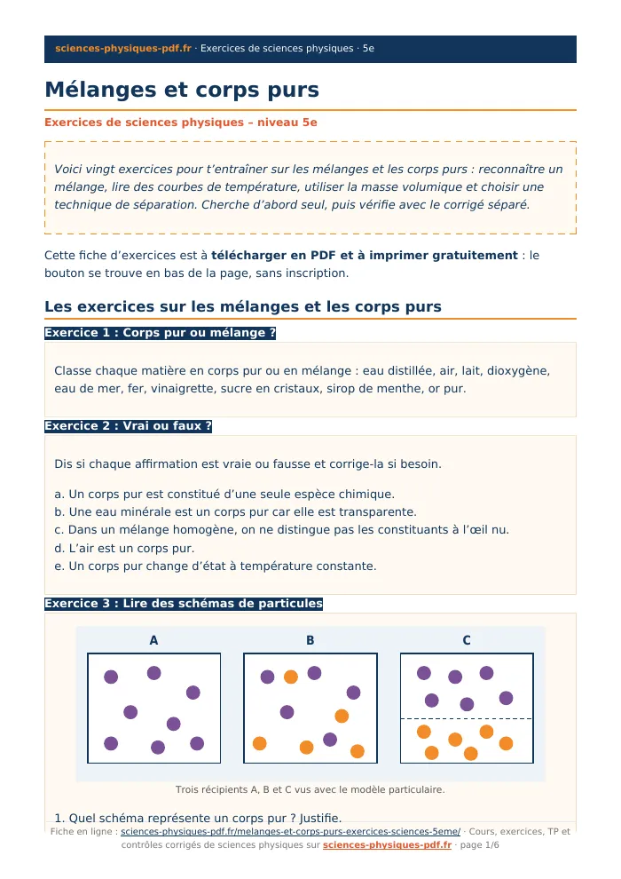 Fiche PDF : Mélanges et corps purs (5e)