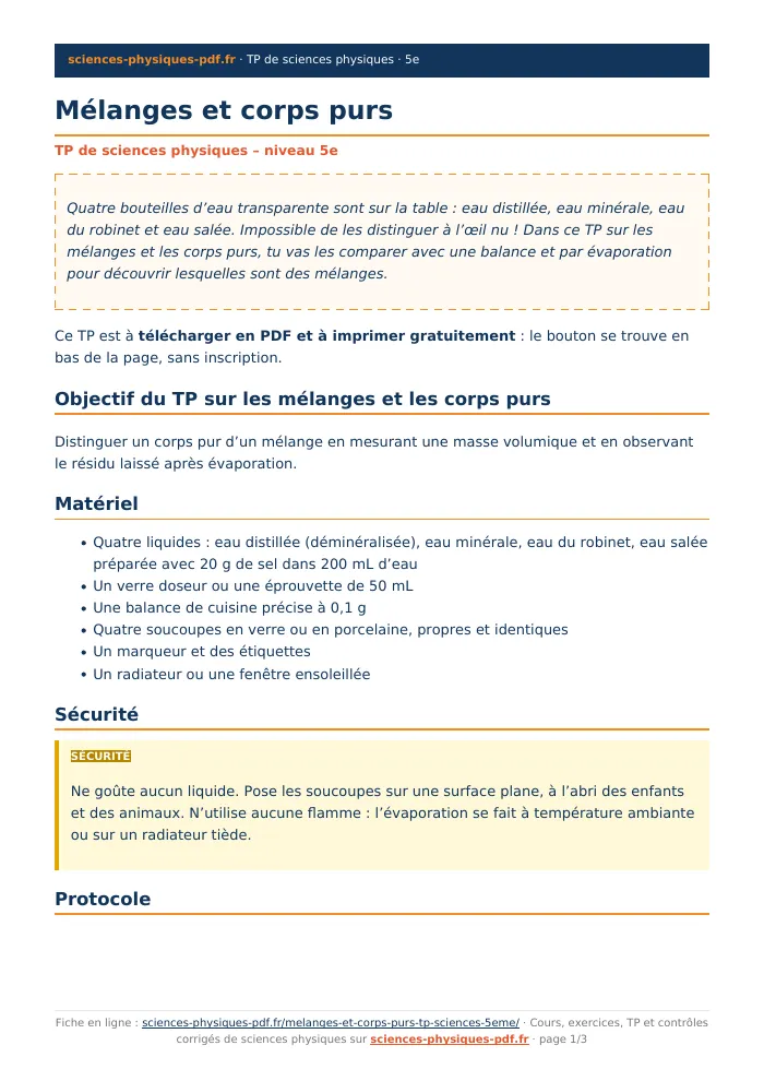 Fiche PDF : Mélanges et corps purs (5e)