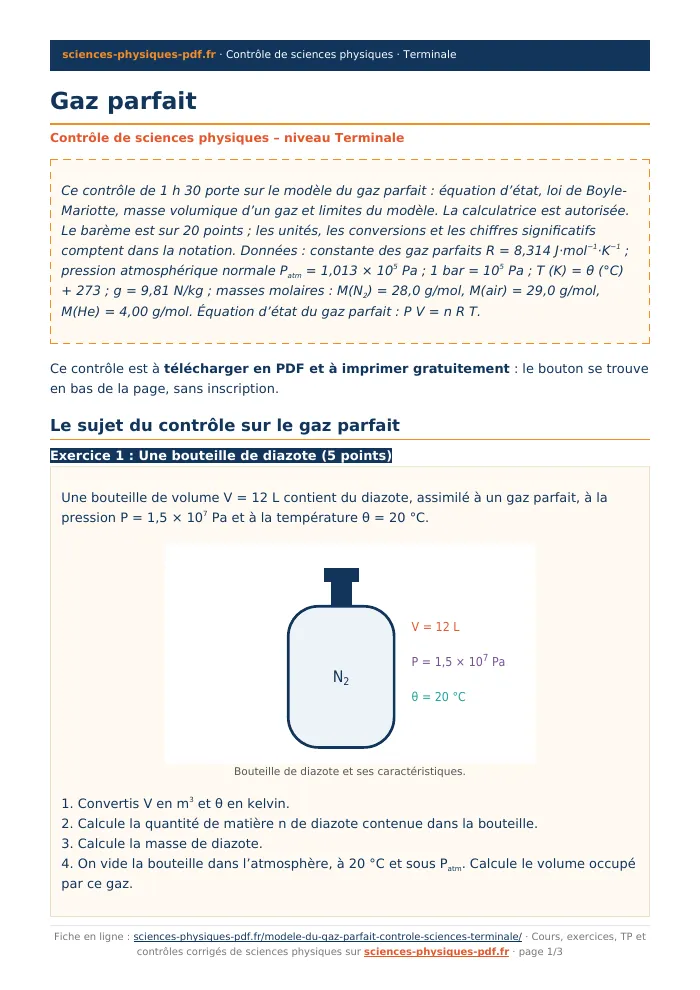 Fiche PDF : Gaz parfait (Terminale)