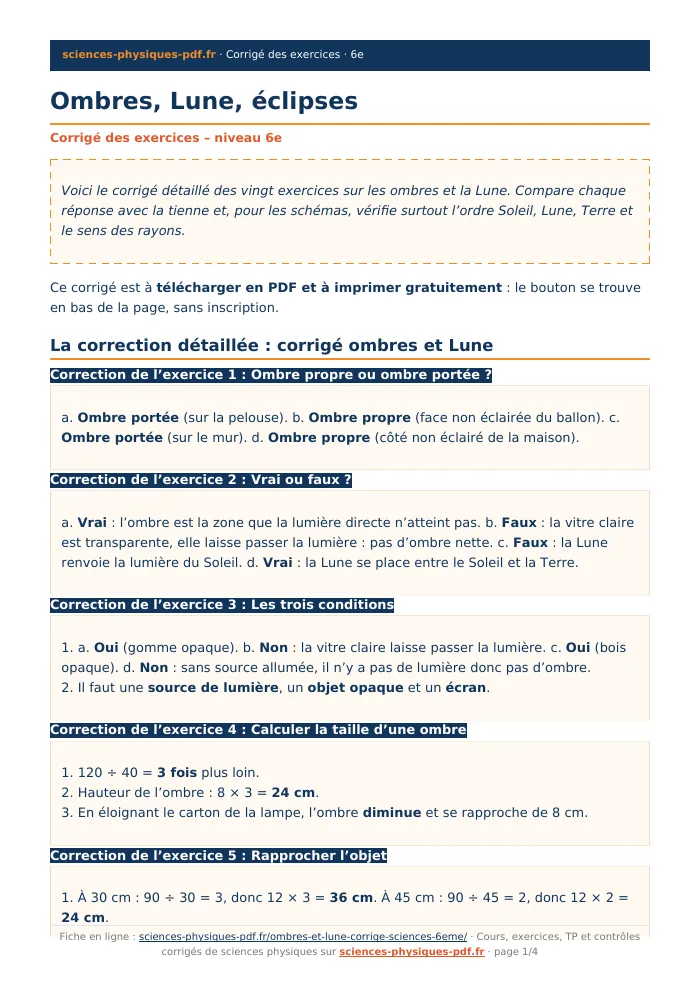 Fiche PDF : Ombres, Lune, éclipses (6e)