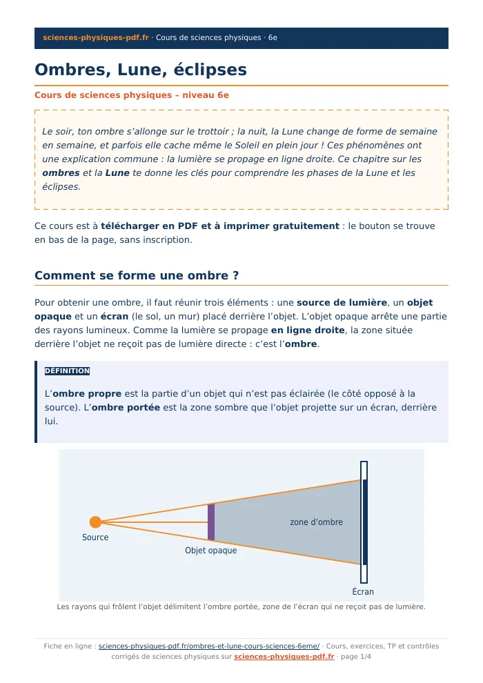 Fiche PDF : Ombres, Lune, éclipses (6e)