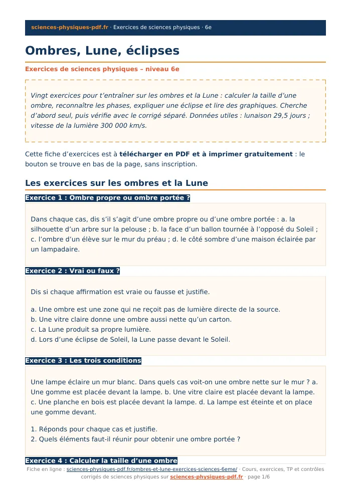 Fiche PDF : Ombres, Lune, éclipses (6e)