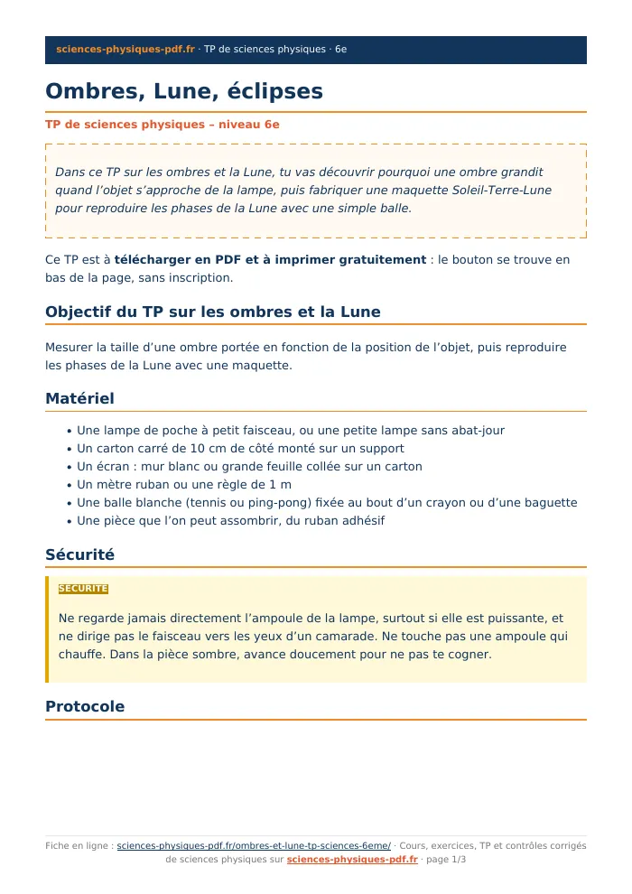 Fiche PDF : Ombres, Lune, éclipses (6e)