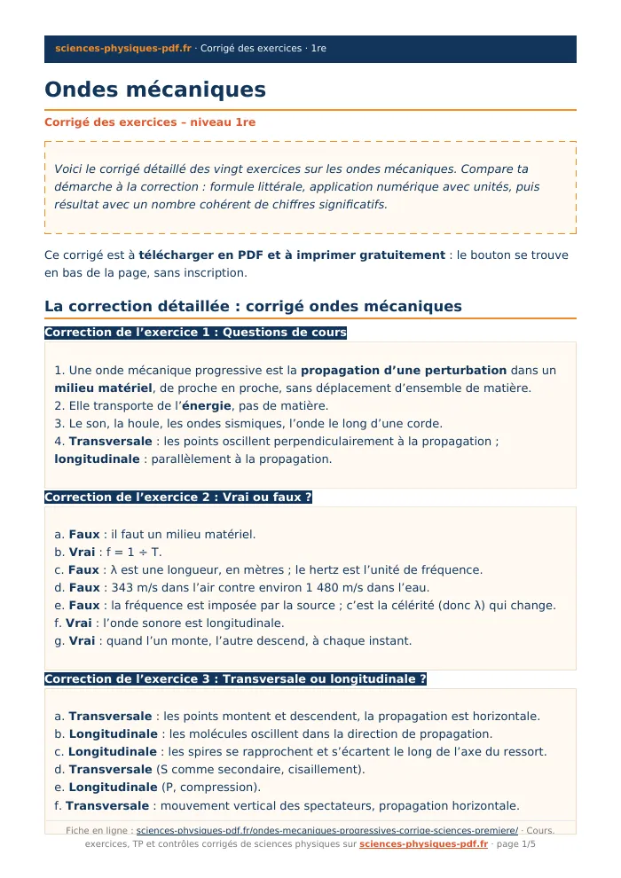 Fiche PDF : Ondes mécaniques (1re)