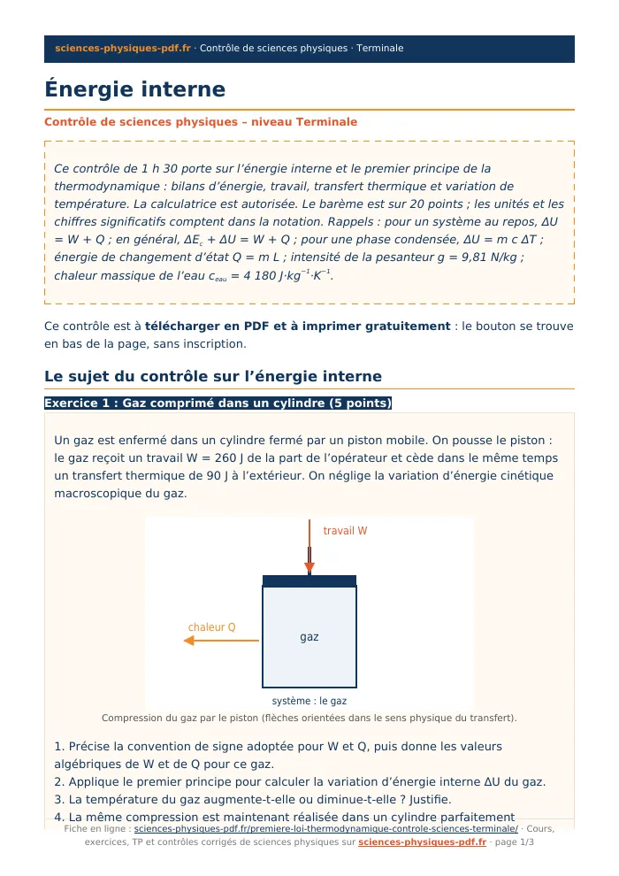 Fiche PDF : Énergie interne (Terminale)