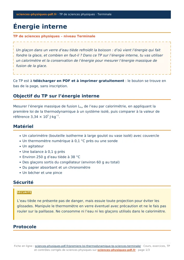Fiche PDF : Énergie interne (Terminale)