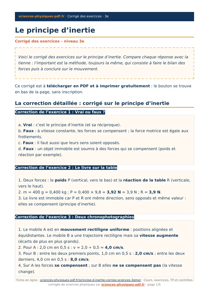 Fiche PDF : Le principe d’inertie (3e)