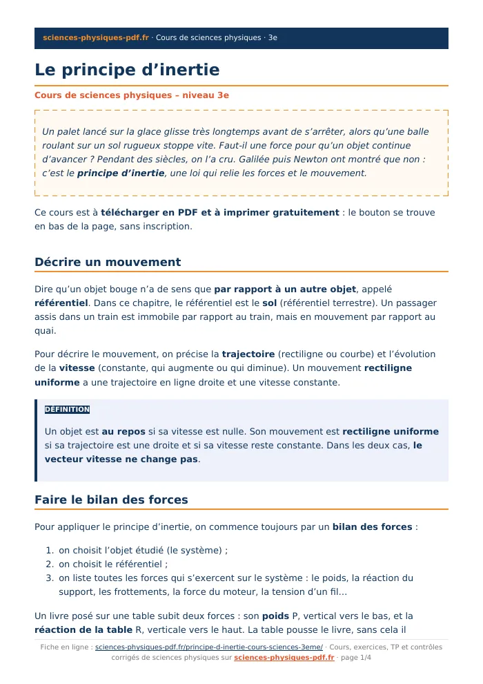Fiche PDF : Le principe d’inertie (3e)