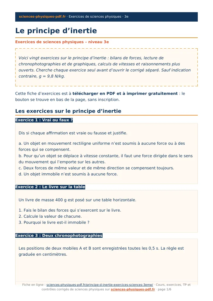 Fiche PDF : Le principe d’inertie (3e)