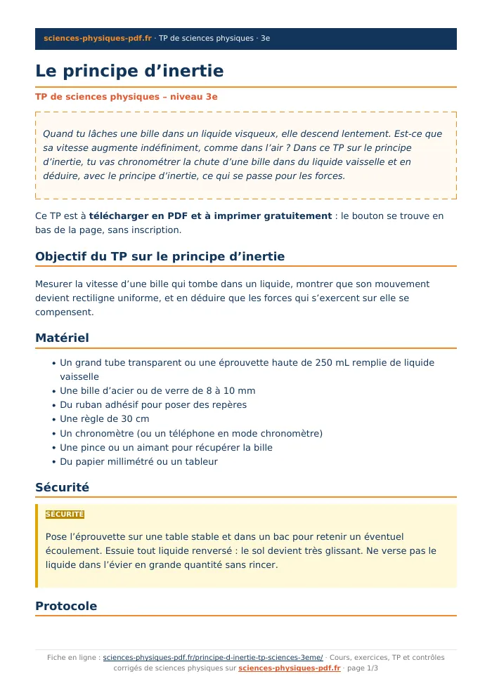Fiche PDF : Le principe d’inertie (3e)