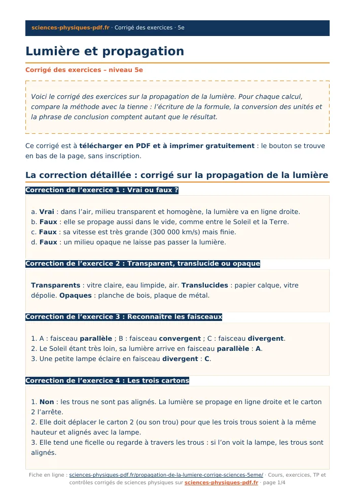 Fiche PDF : Lumière et propagation (5e)
