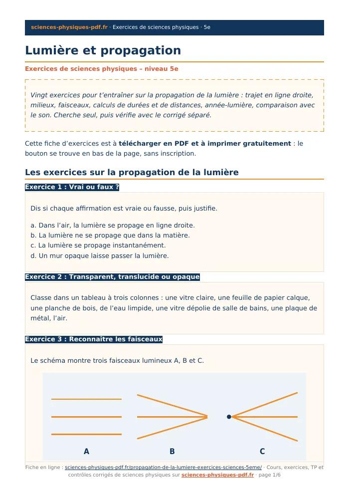 Fiche PDF : Lumière et propagation (5e)