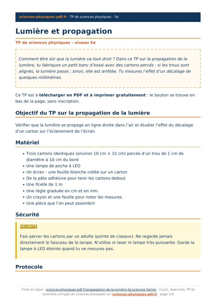 Fiche PDF : Lumière et propagation (5e)