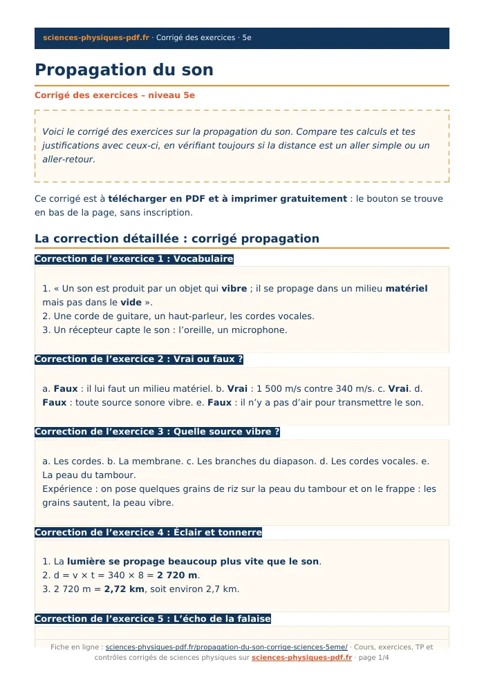 Fiche PDF : Propagation du son (5e)