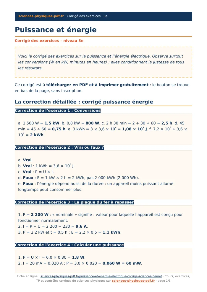 Fiche PDF : Puissance et énergie (3e)