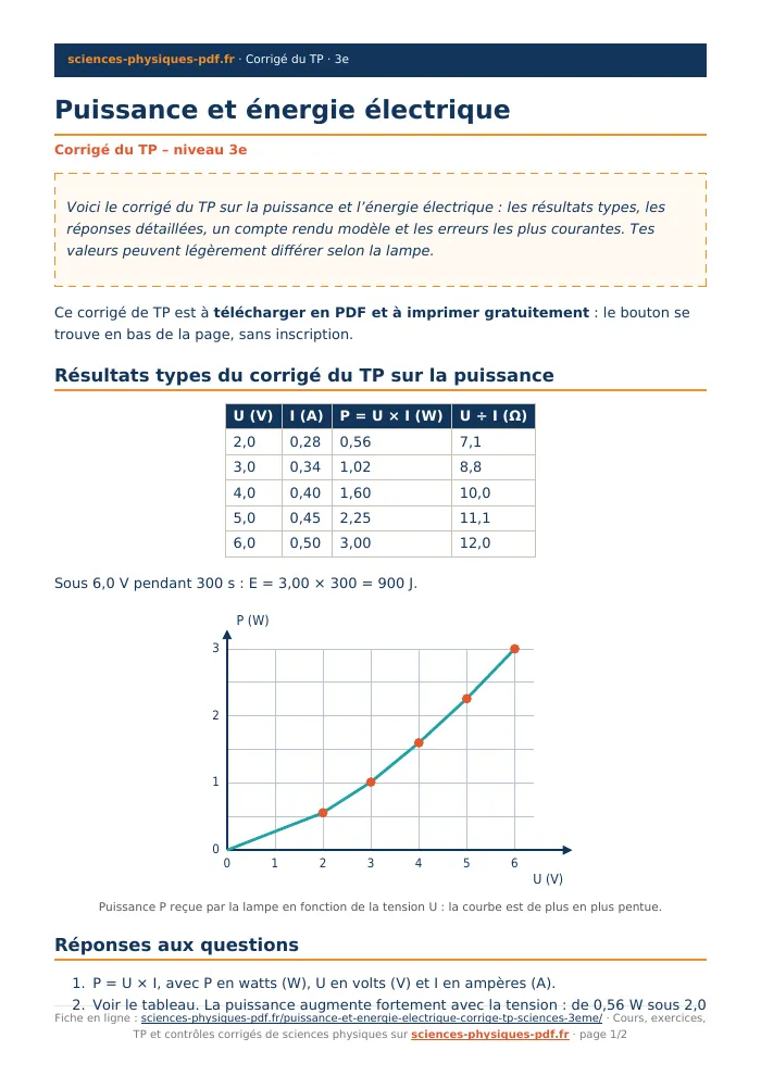 Fiche PDF : Puissance et énergie électrique (3e)