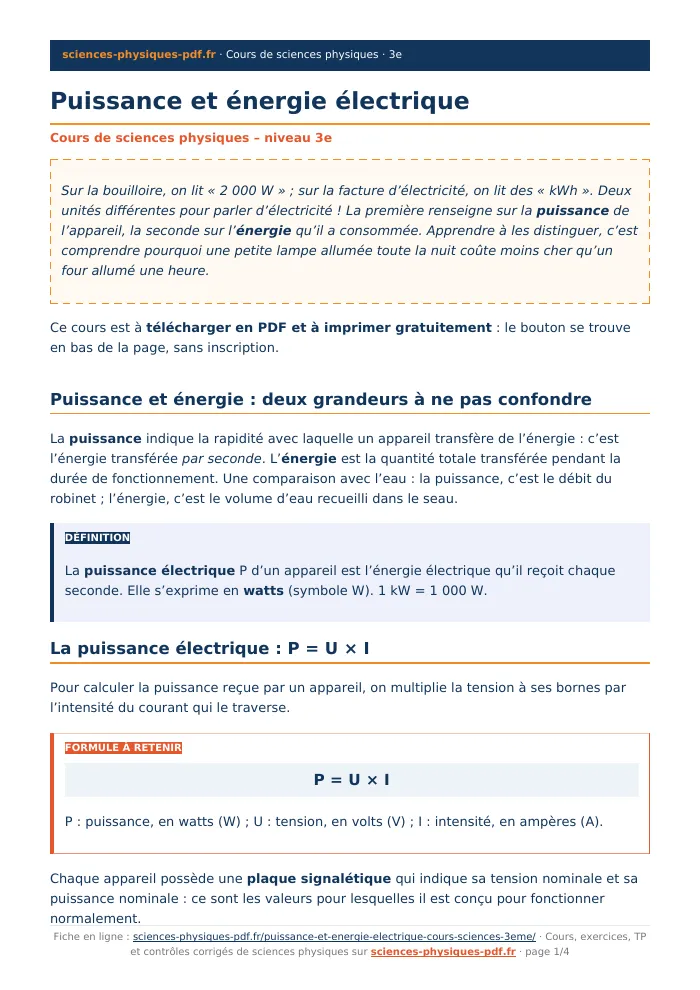 Fiche PDF : Puissance et énergie électrique (3e)