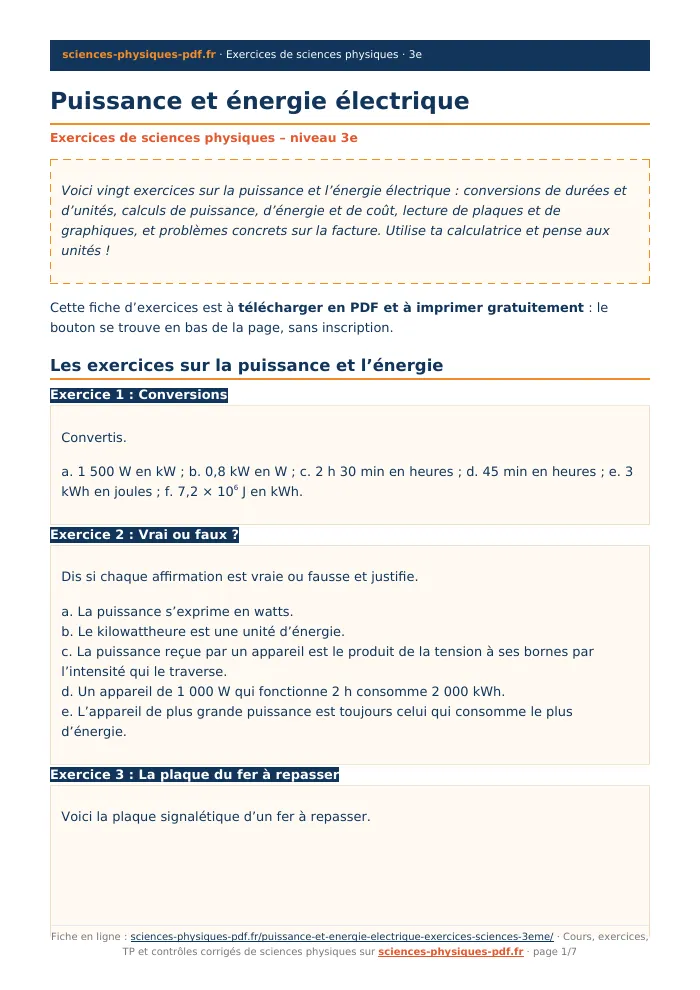 Fiche PDF : Puissance et énergie électrique (3e)