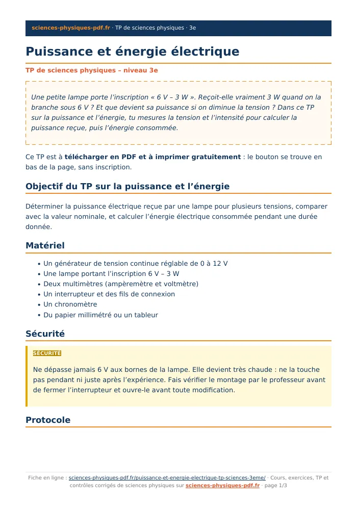Fiche PDF : Puissance et énergie électrique (3e)