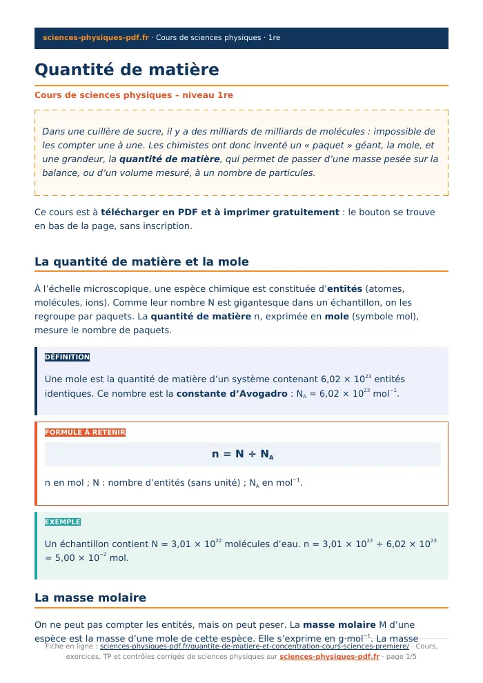 Fiche PDF : Quantité de matière (1re)